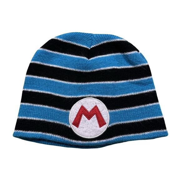 Super Mario Knitted Beanie Cap Black & Blue Striped Big Red M Logo - Picture 1 of 5